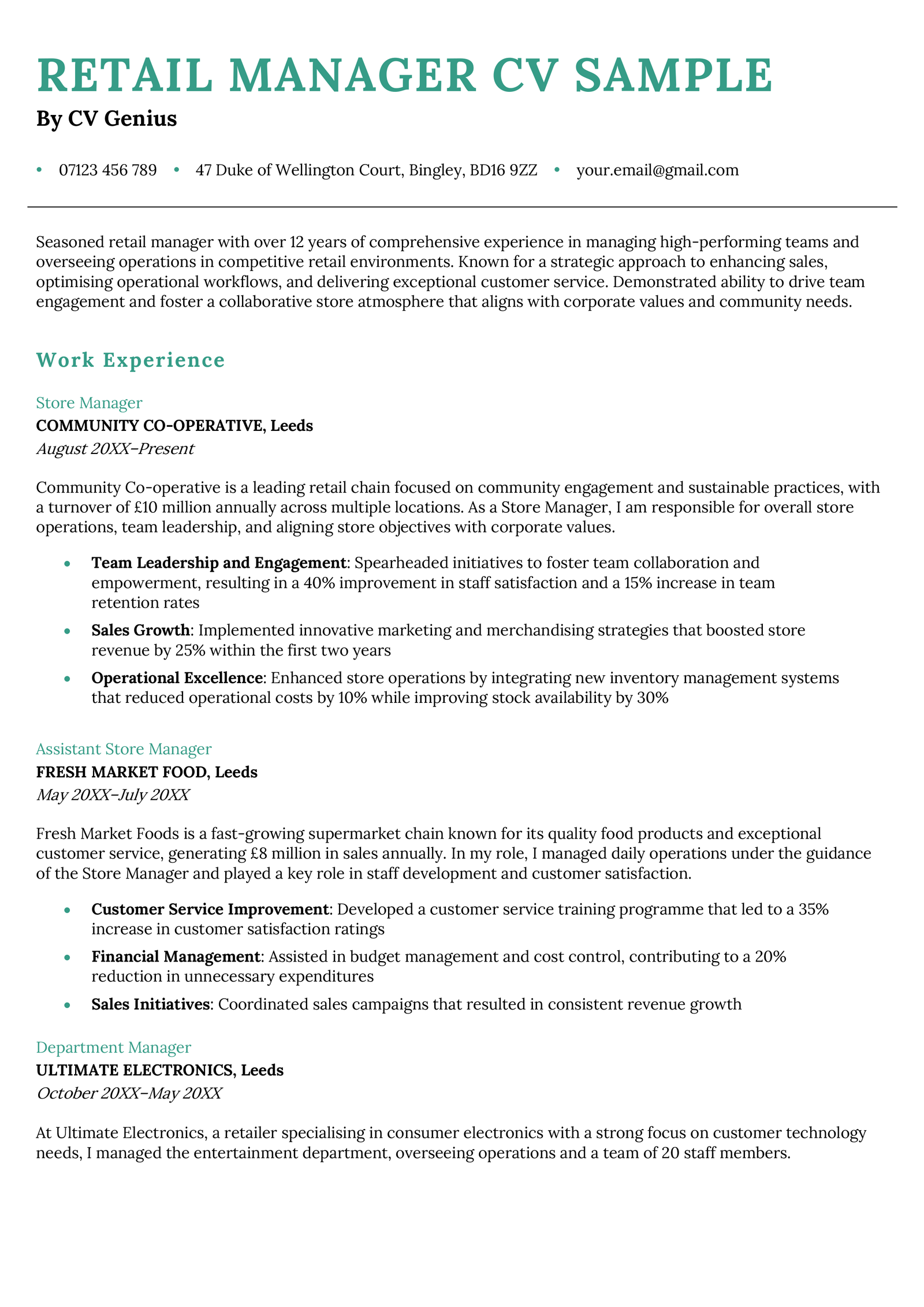 A retail manager CV sample that uses a light green colour for its headers and a simple and basic CV template. 