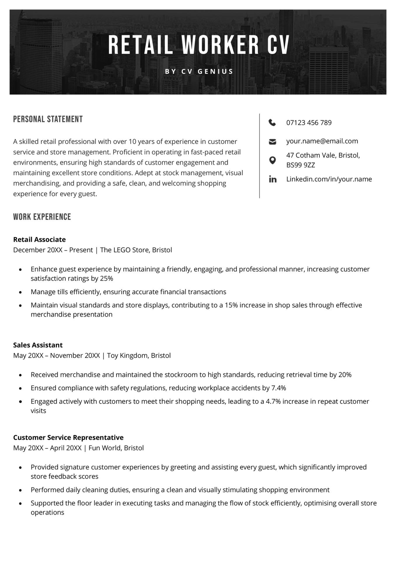 A retail worker CV example that uses a big bold header to attract the attention of recruiting managers.