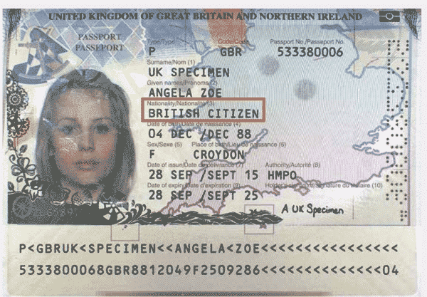The information page of a British citizen passport, showing the bearer is a British citizen and thus has the right to work in the UK. The passport page features a photo of the bearer, and its background features an outline of Southern England and Wales, a biometric passport symbol, and a sextant. The passport sample purportedly was issued by His Majesty's Passport Office. 