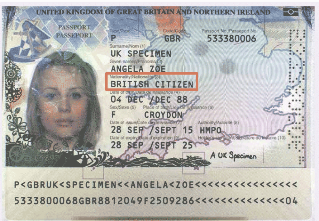 A British passport's information field showing that the bearer is a British citizen, and so has the right to work in the UK.
