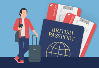 An image of a traveller, a British passport, and an aeroplane boarding pass, symbolising the right to work in the UK.