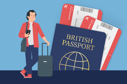 An image of a traveller, a British passport, and an aeroplane boarding pass, symbolising the right to work in the UK.