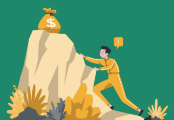 A graphic showing a man climbing a mountain to get to a bag with a dollar sign on it