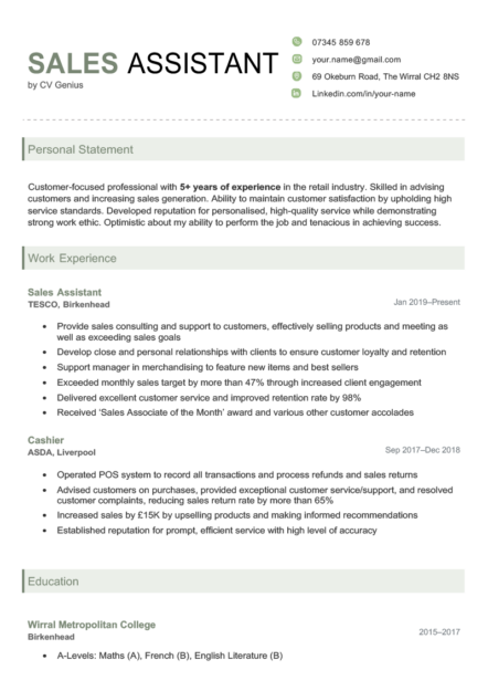An example sales assistant CV