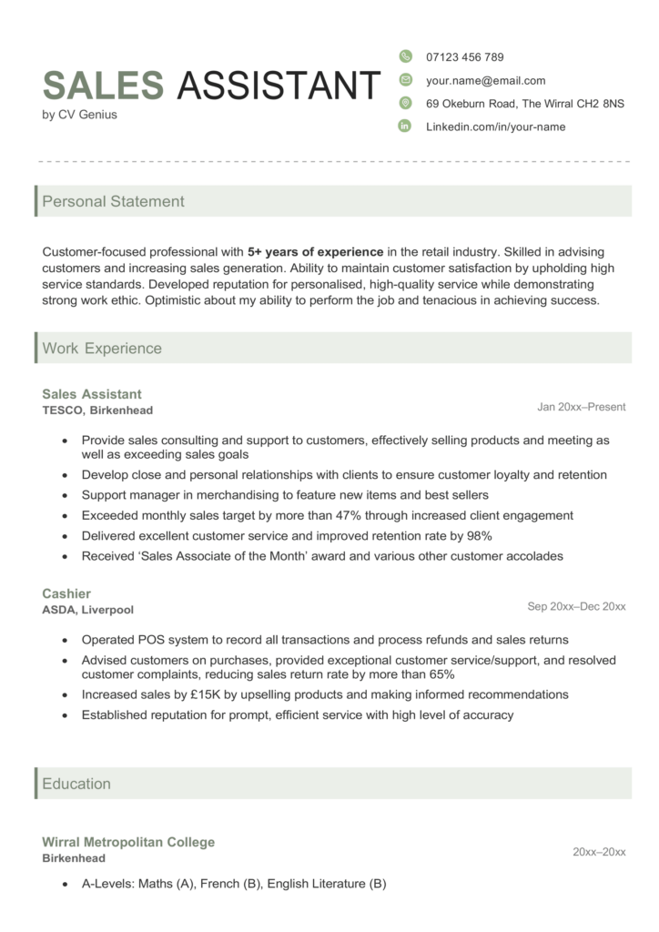 personal statement sales assistant examples