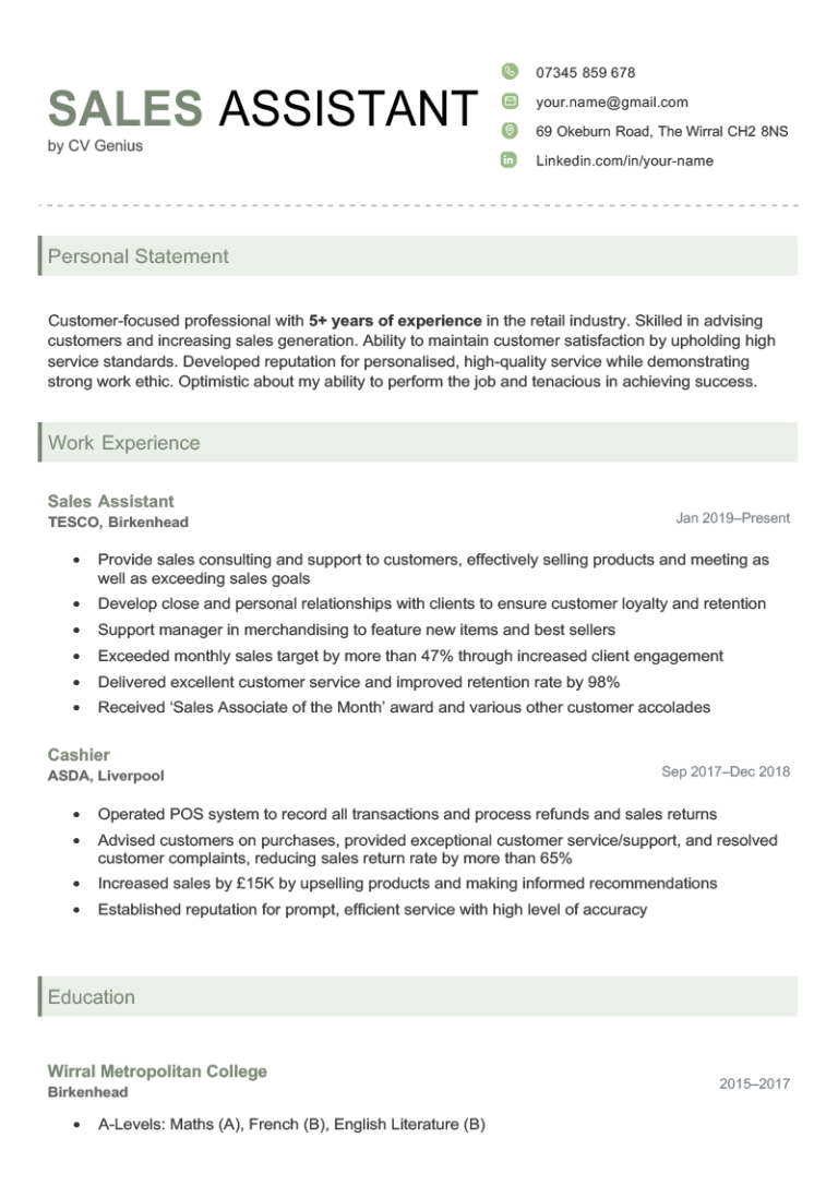 Sales Assistant Cv Profile