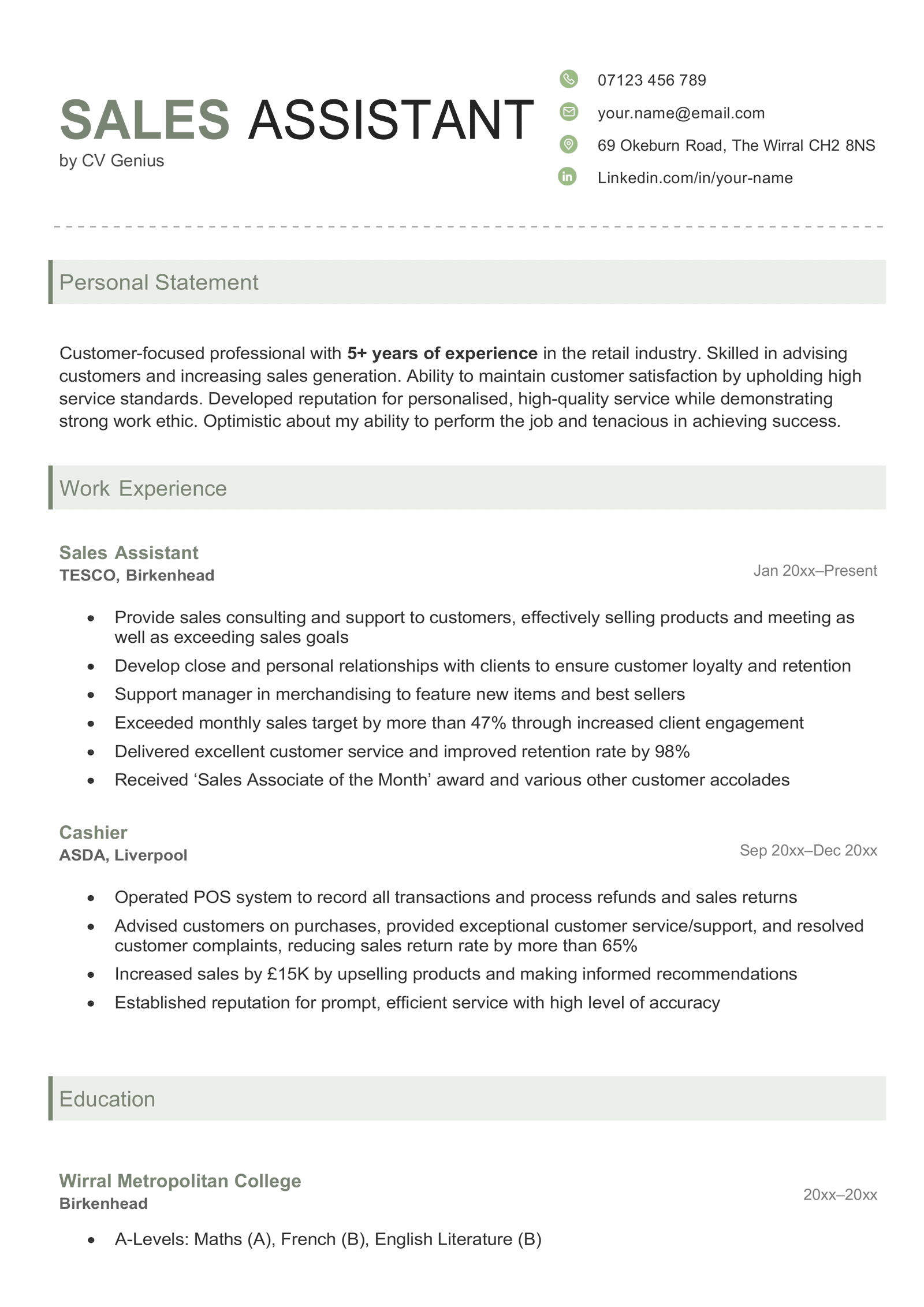 An example sales assistant CV