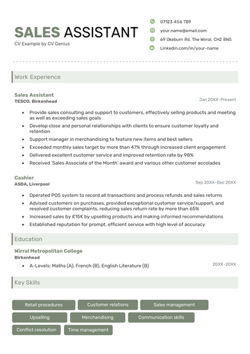An example sales assistant CV