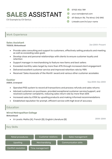 An example sales assistant CV