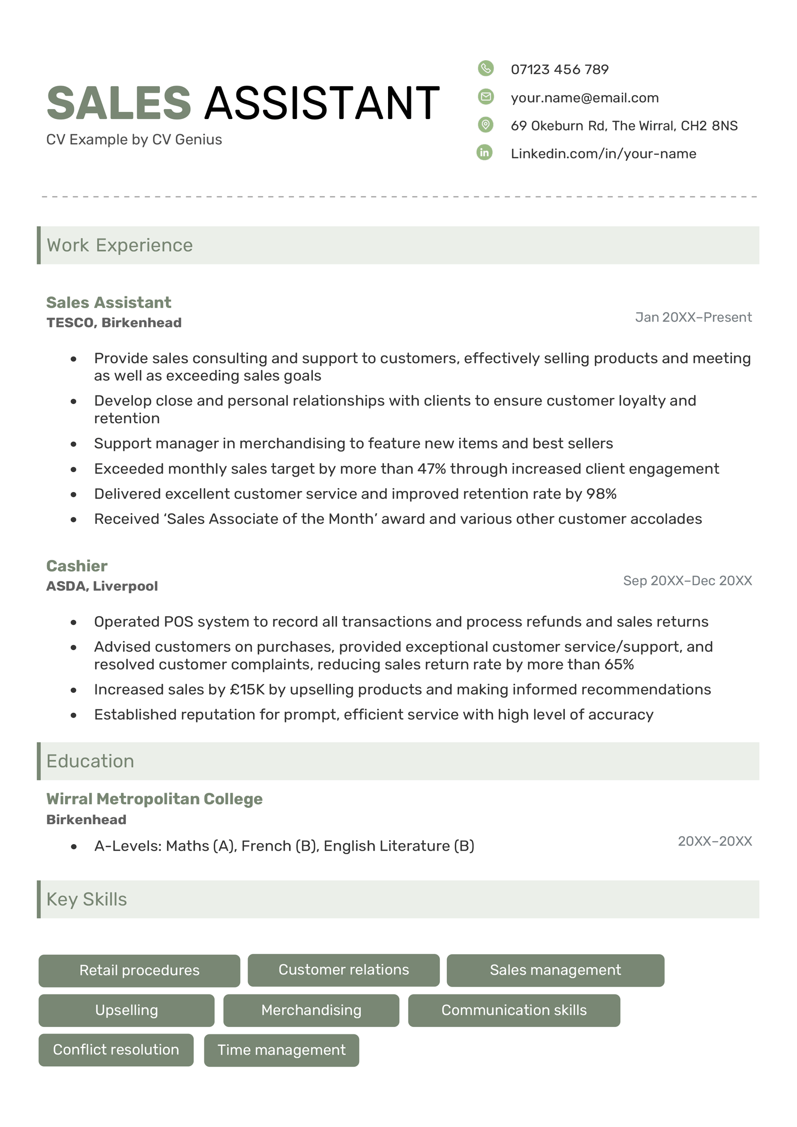 An example sales assistant CV