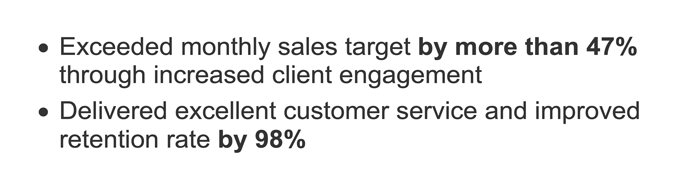 Two bullet points from a sales assistant CV's work experience section with percentages in bold text