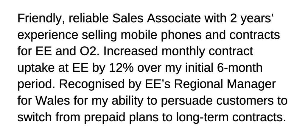 A CV summary for a sales associate without distinguishing features.