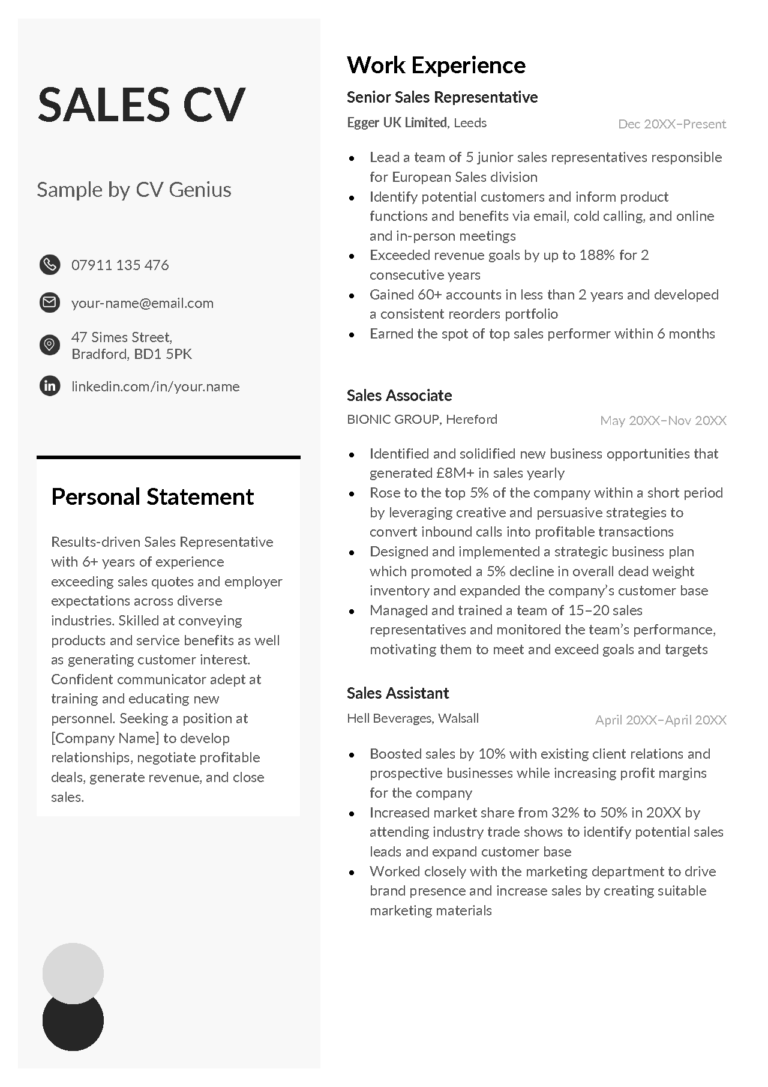 Sales CV Example Tips Free Download   Sales Cv Example 768x1087 