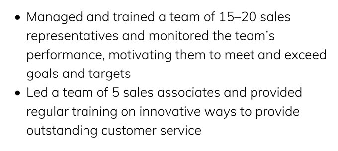 An example of excellent teamwork skills and communication skills being portrayed in a sales CV example's work experience section