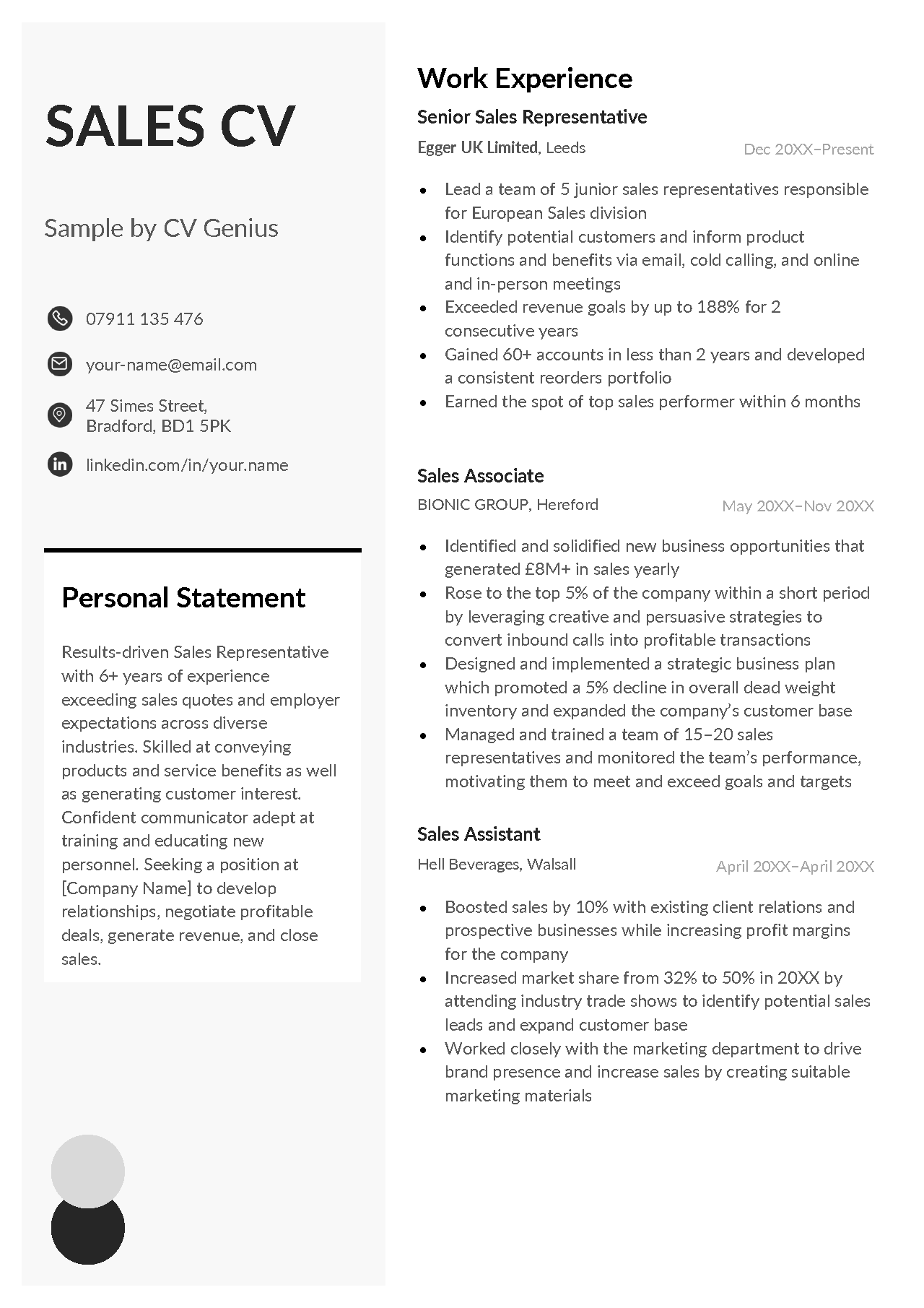 First page of an example of a sales CV on a template with a grey left-hand column highlighting the applicant's job title and personal statement and black headers for the candidate's work experience entries