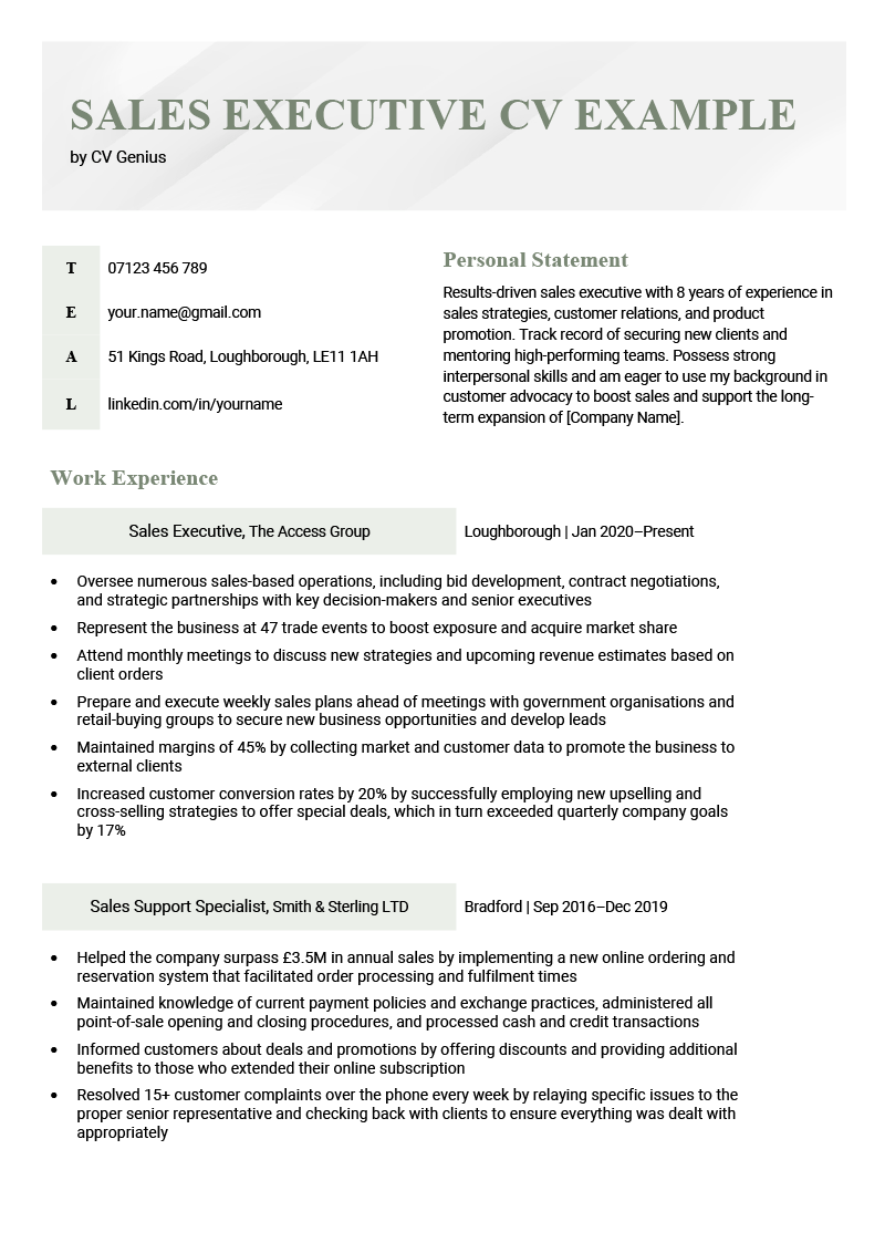 The first page of a sales executive CV example with green text and sections for the applicant's contact information, personal statement, and work experience.