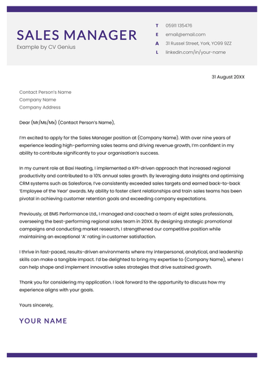 A sales manager cover letter example for UK job seekers.