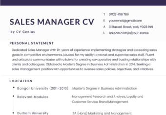 The first page of a sales manager CV example on a template with a purple header and bullet points to highlight the applicant's education section