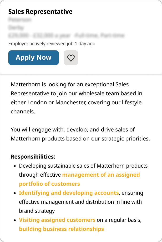 A job ad for a sales representative position with some of the employer's specific needs highlighted in yellow.