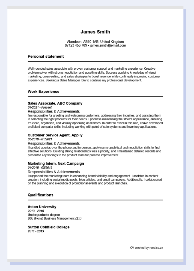 An example CV created using the Reed CV builder. 