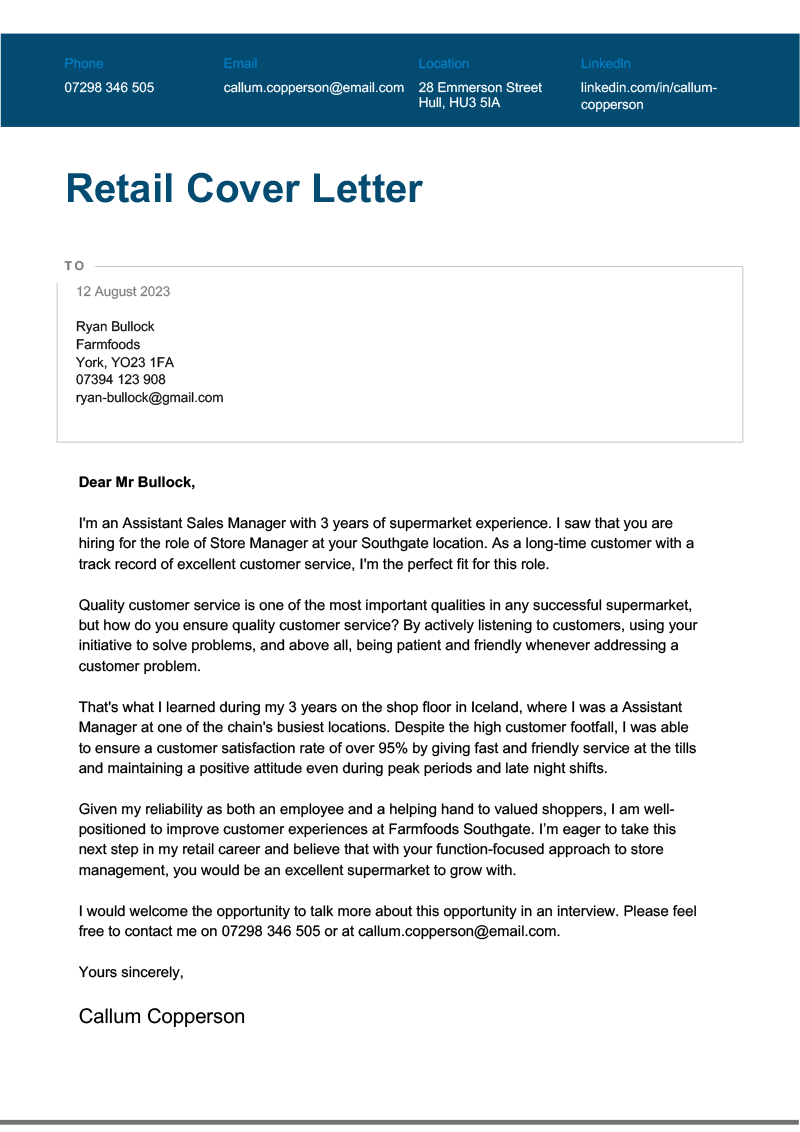 A cover letter sample showing how to write a cover letter for a retail job