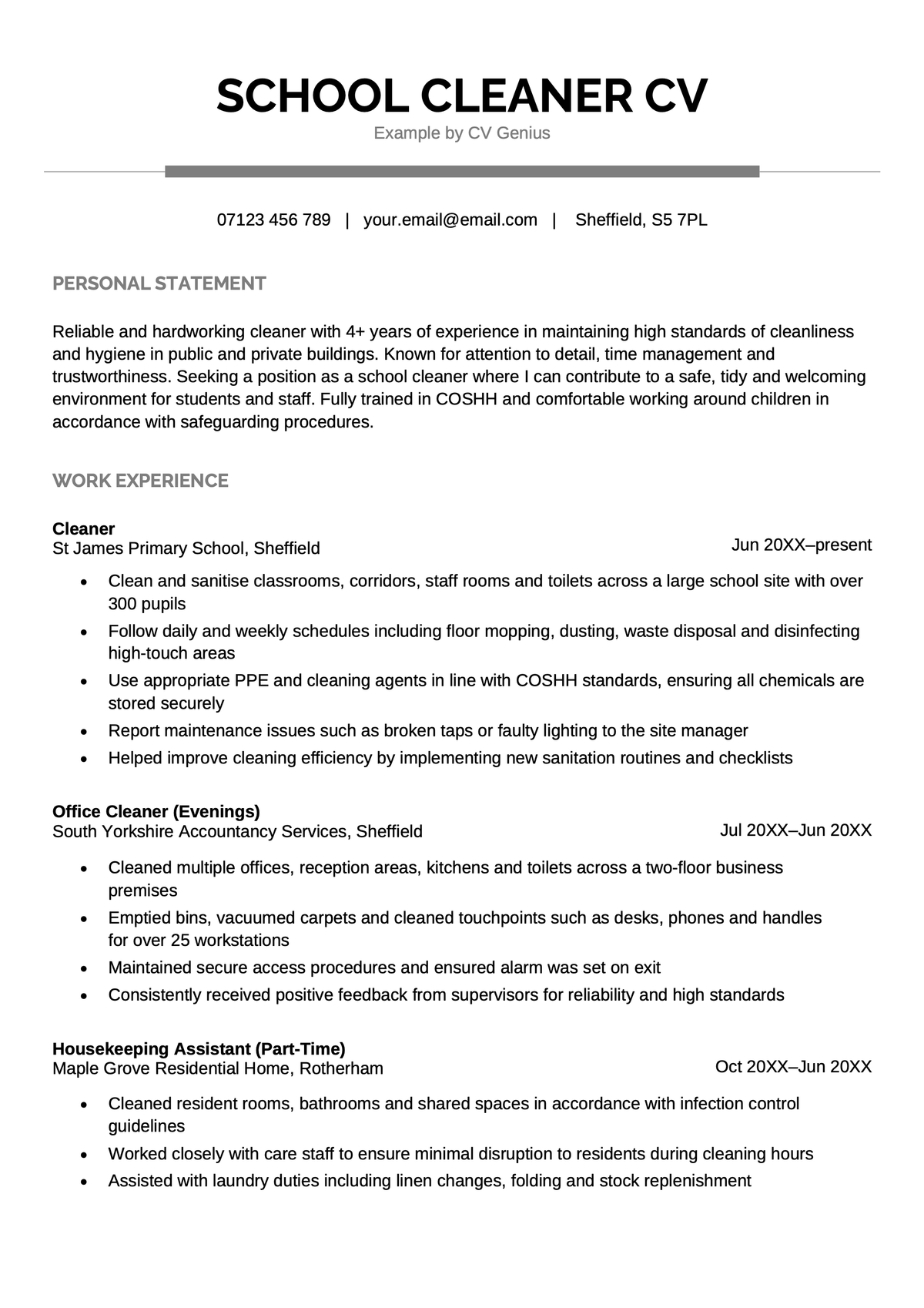 A school cleaner CV example.