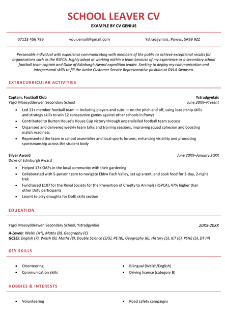 A school leaver CV example in the Birmingham CV template.