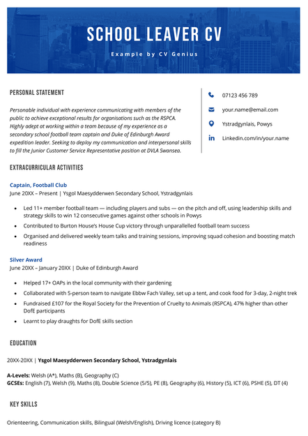 A school leaver CV example in the Chester CV template.