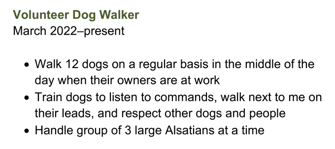 A school leaver CV experience example with a green section header and three bullet points showcasing an applicant's experience as a dog walker.