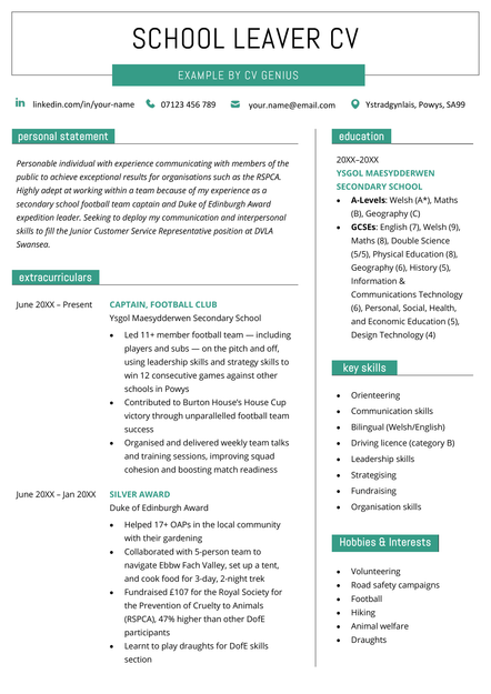 A school leaver CV example in the Wells CV template.