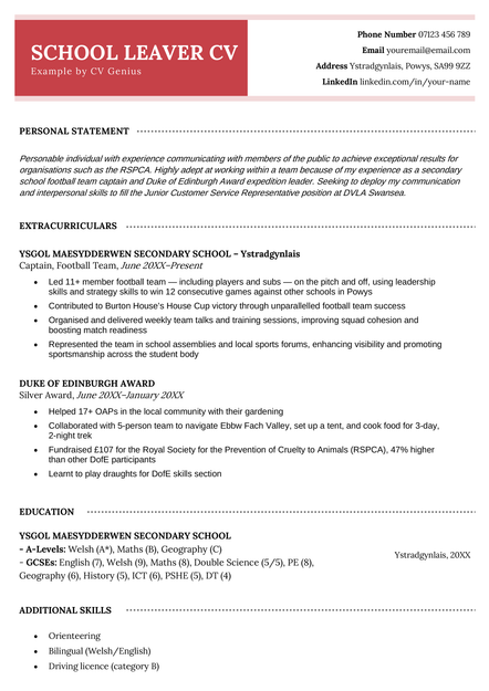 A school leaver CV example in the Westminster CV template.