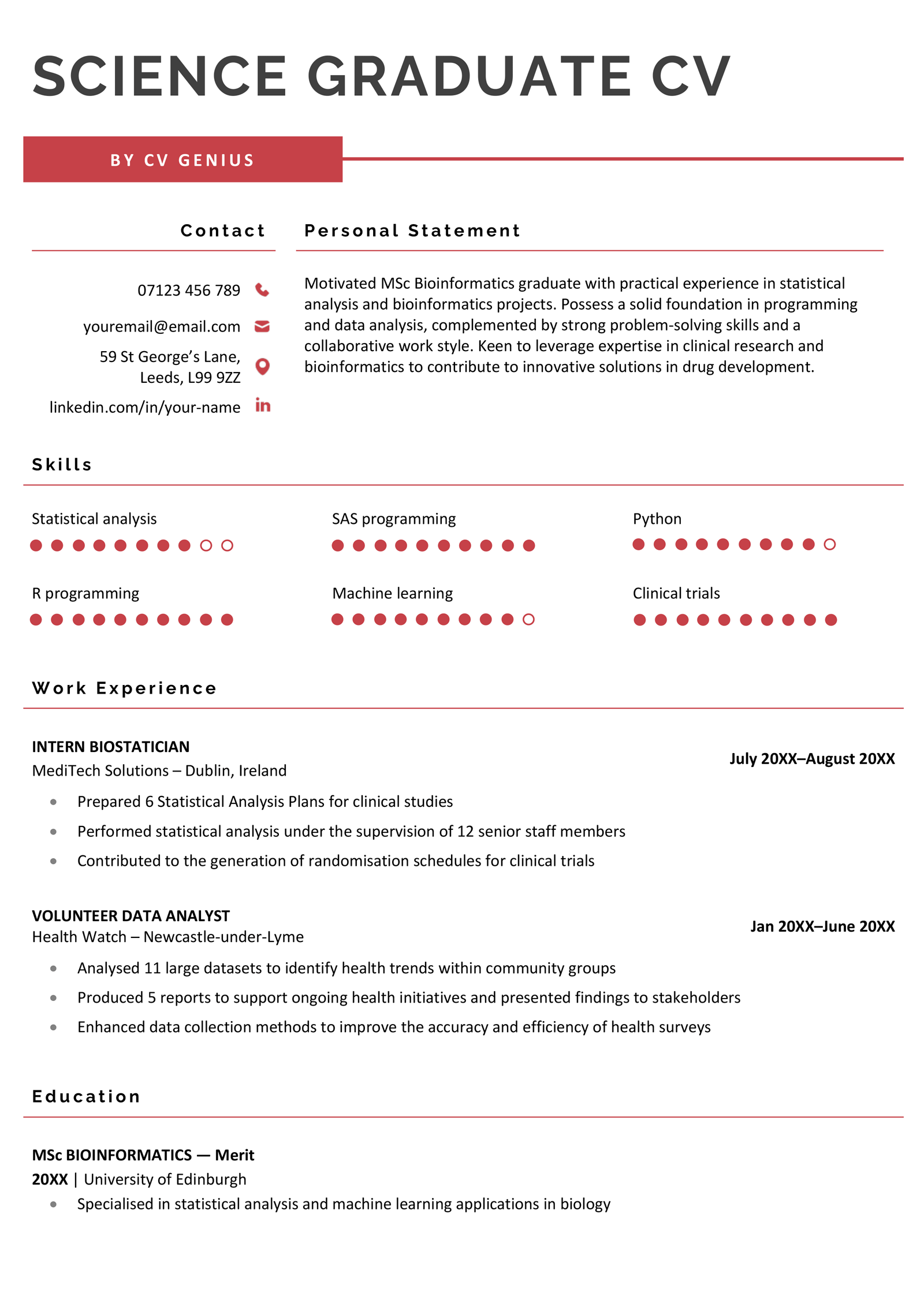 A science graduate CV example with a prominent skills section that employs skills bars to rate each skill.