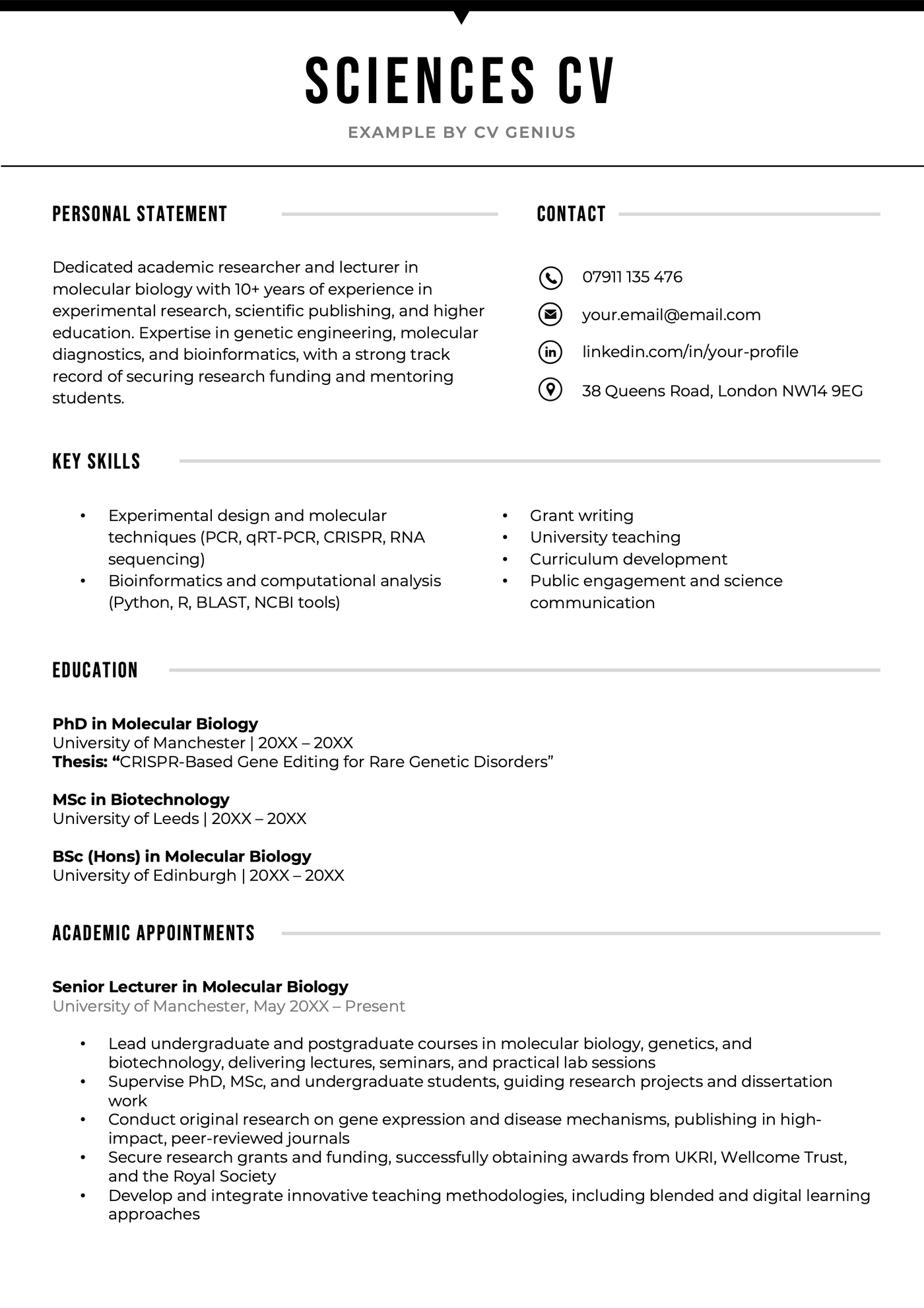 An example sciences CV.