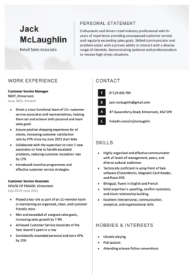 simple and basic CV template with a faded black header, personal information broken into two columns, page 1