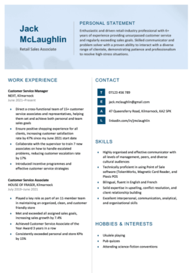 simple and basic CV template with a faded blue header, personal information broken into two columns, page 1