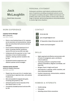 simple and basic CV template with a faded green header, personal information broken into two columns, page 1