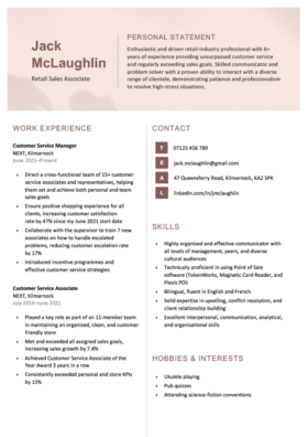 simple and basic CV template with a faded maroon header, personal information broken into two columns, page 1