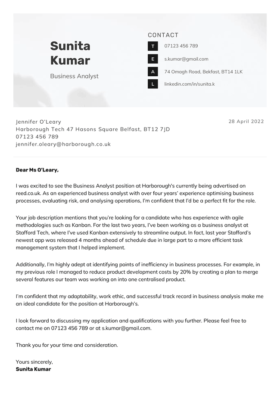 basic cover letter template with a gray header, right aligned contact details with black squares to emphasise each detail, standard letter layout, names bolded in black