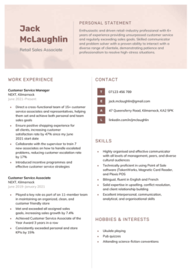 The Scilly CV template in maroon. It features a maroon header and the applicant's work experience, contact, skills, and hobbies & interests sections arranged in two columns below the header.