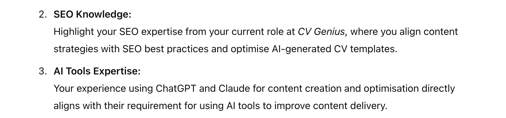 Screenshot of a response from ChatGPT showing suggestions for improving a CV first draft.