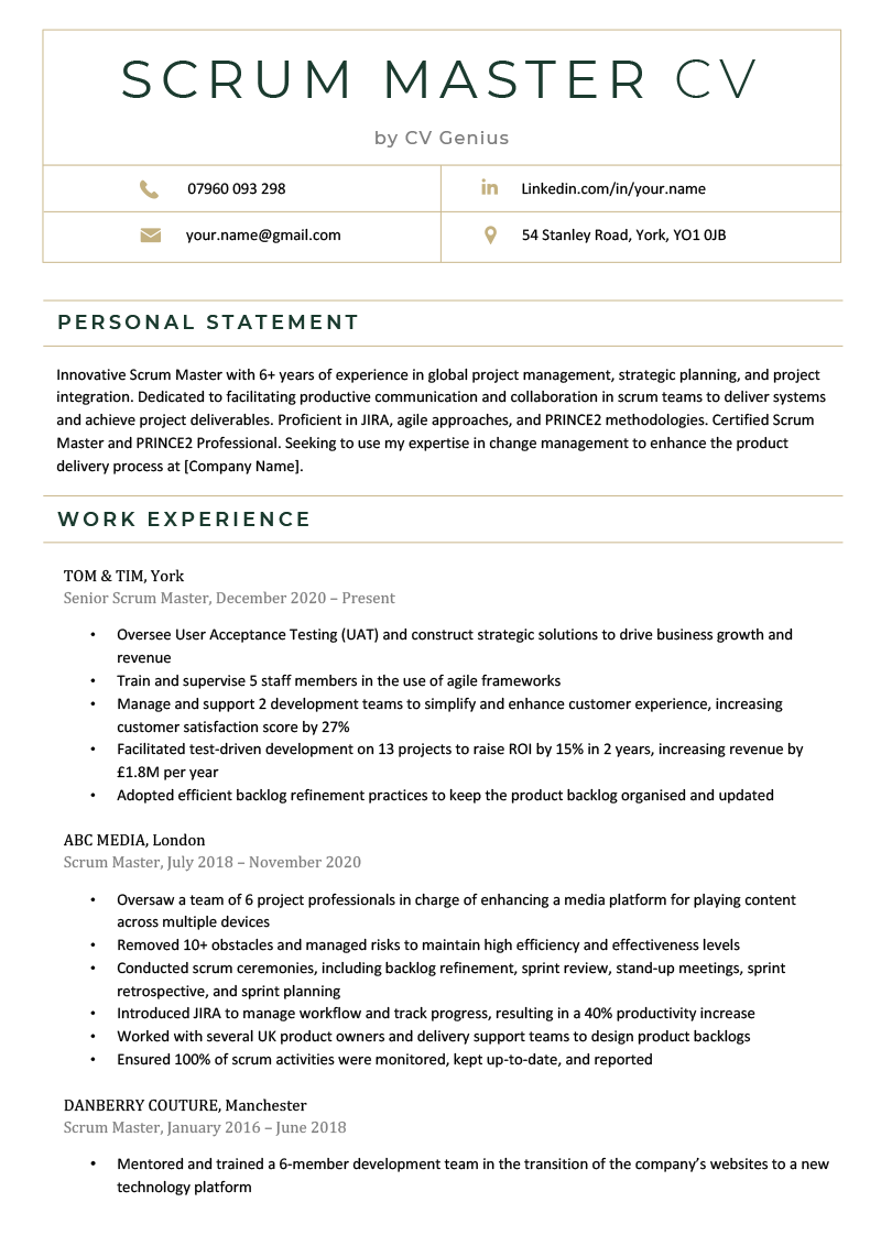 The first page of a scrum master CV example with green header text and sections for the applicant's contact information, personal statement, and work experience