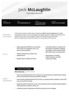 simple and basic CV template with a centered title and black banner for contact details, plus space for skills and work experience, page 1