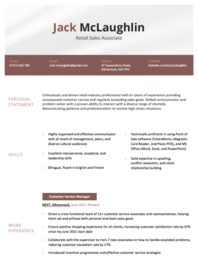 simple and basic CV template with a centered title and maroon banner for contact details, plus space for skills and work experience, page 1