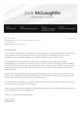 simple cover letter template with a gray header, black bar containing contact details, and basic letter format