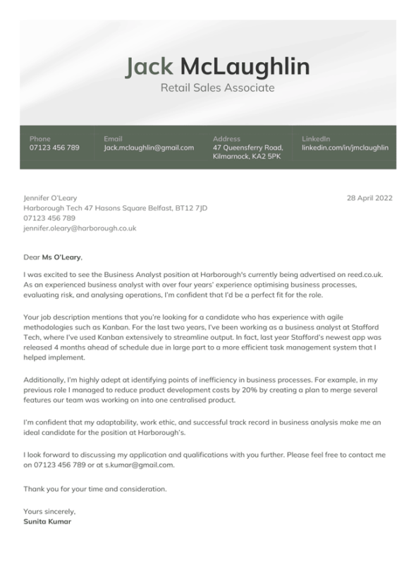 The Seacole cover letter template in green.