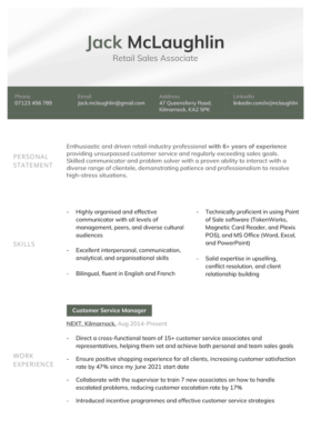 The Seacole CV Template with a green colour scheme. The applicant's name is on a grey header, the contact information is centered across a green bar, and the personal statement, skills, and work experience sections are left-aligned below the header.
