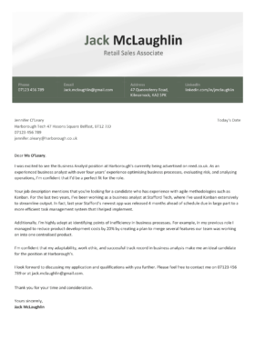 The Seacole cover letter template with a grey header, green bar containing contact details, and basic letter format.