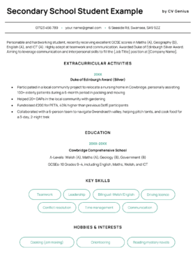 A secondary school student CV example featuring a large education section and two extracurricular activity entries.