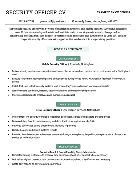 A security guard CV formatted using the green Canterbury template.