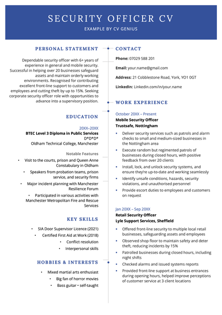 A security guard CV formatted using the navy blue 2025 template.